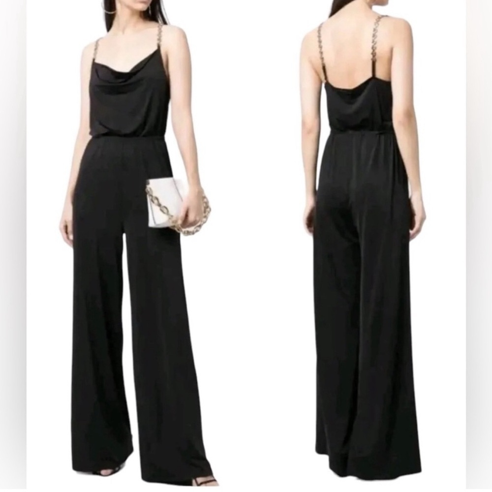 Jason Wu Emmett Black Cowl Neck Wide Leg Jumpsuit Gold Rhinestone Straps L - Picture 2 of 16